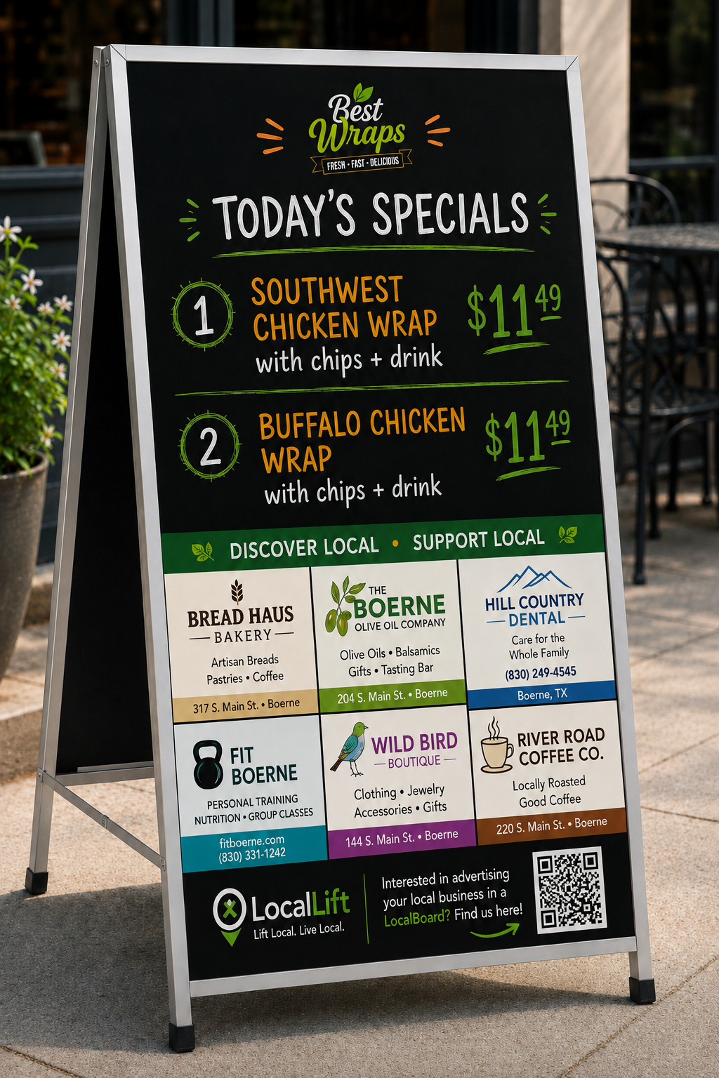 Restaurant specials board with six local business ads along the bottom strip