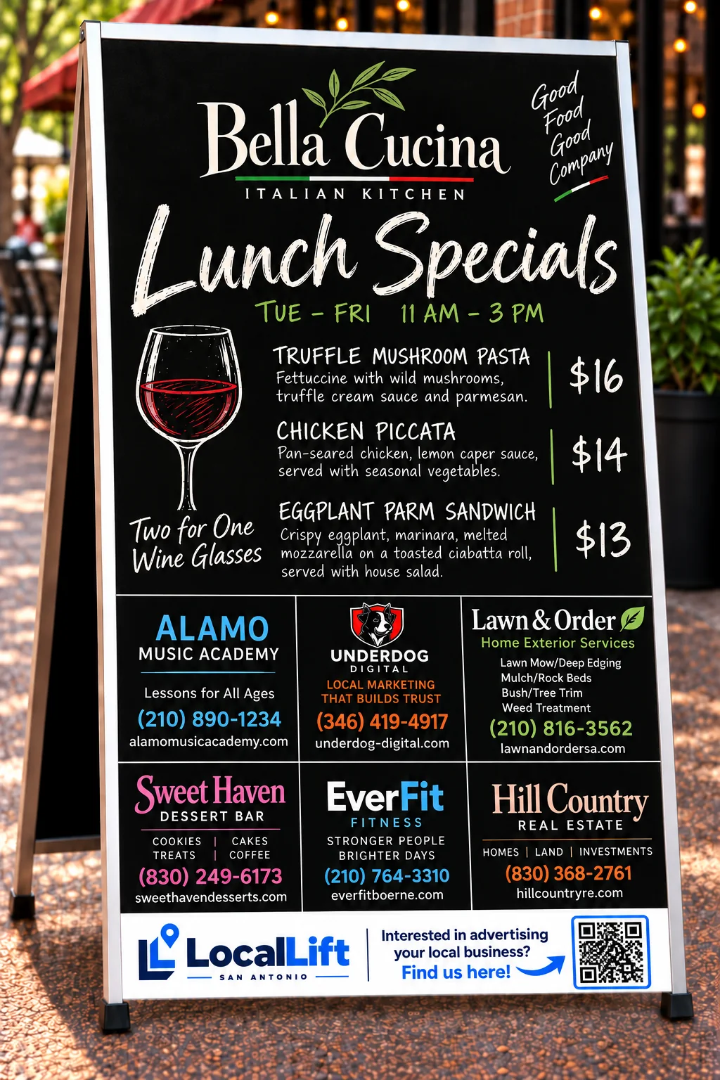 Specials board with the restaurant logo on top and six local business ads along the bottom