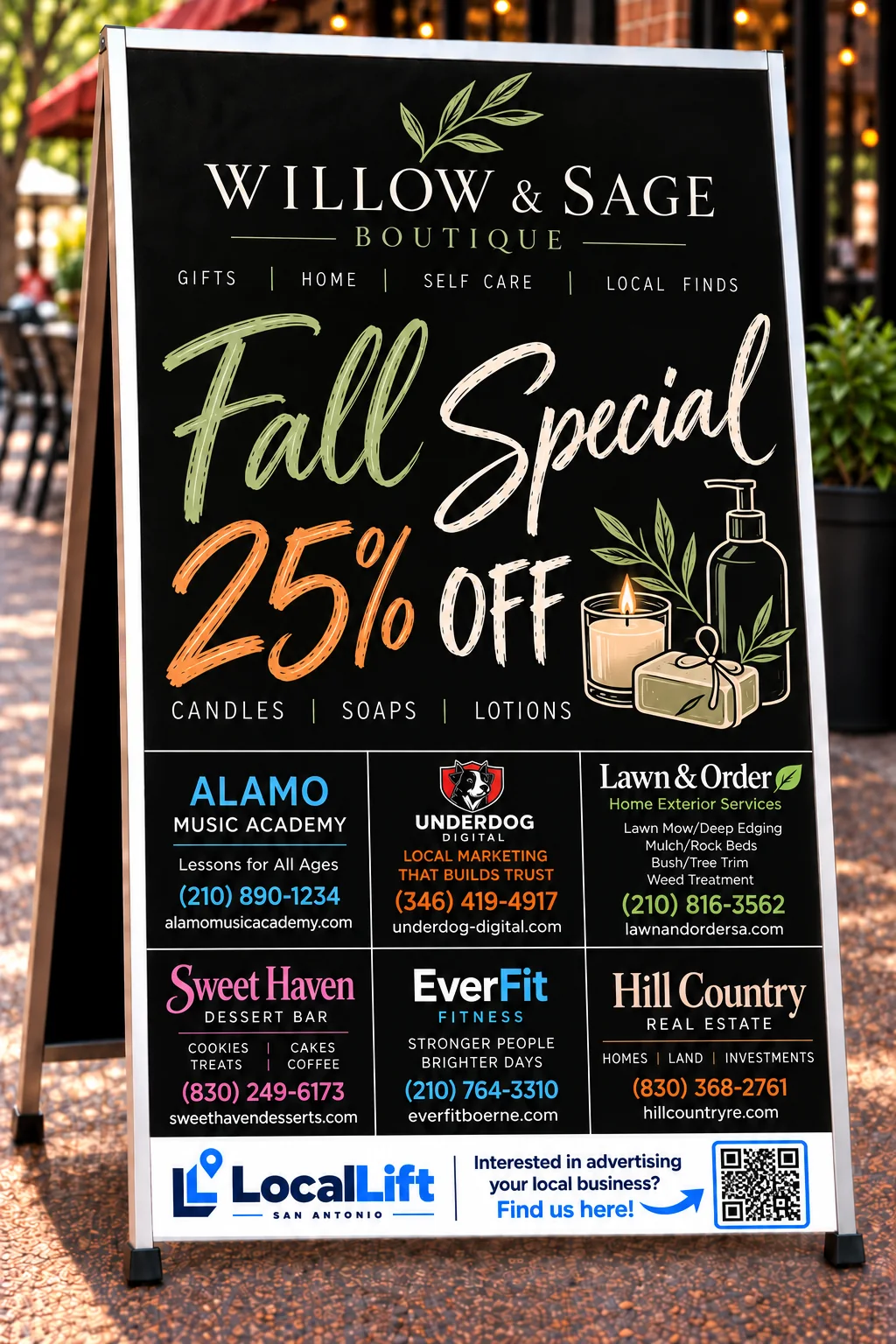 Specials board in a local shop with the shop logo on top and six local business ads along the bottom